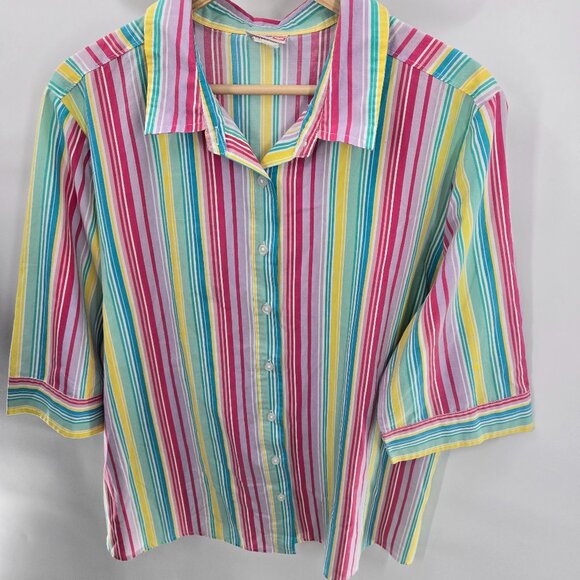 American Sweetheart Tops - American Sweetheart Rainbow Vertical Stripes 3/4 Sleeves Button Down Shirt XL
